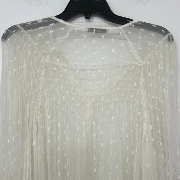 Mango Ivory Sheer Swiss Dot Balloon Sleeve Fringe Flowy Boho Peasant Blouse SM - Picture 11 of 15